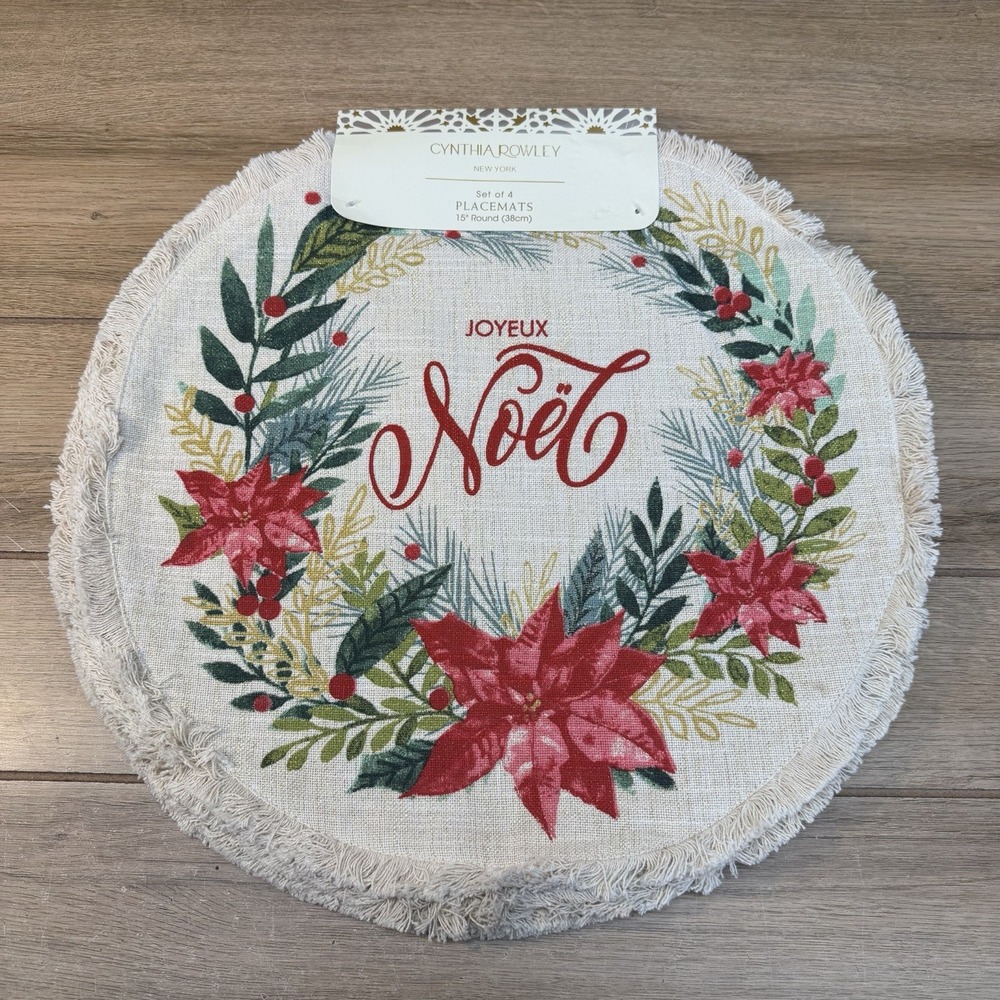 Cynthia Rowley Christmas Noel Poinsettia Placemats Set Of 4 Holly Berry Shimmery